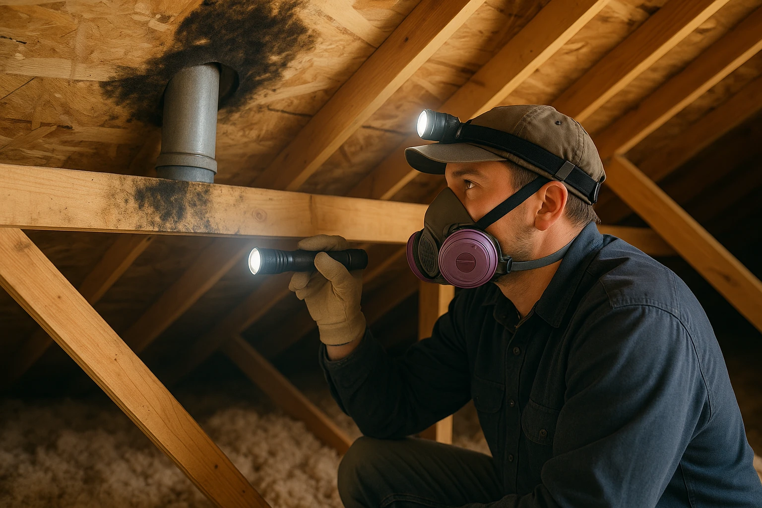 Attic rafters and roof sheathing being inspected for mold staining with a work light