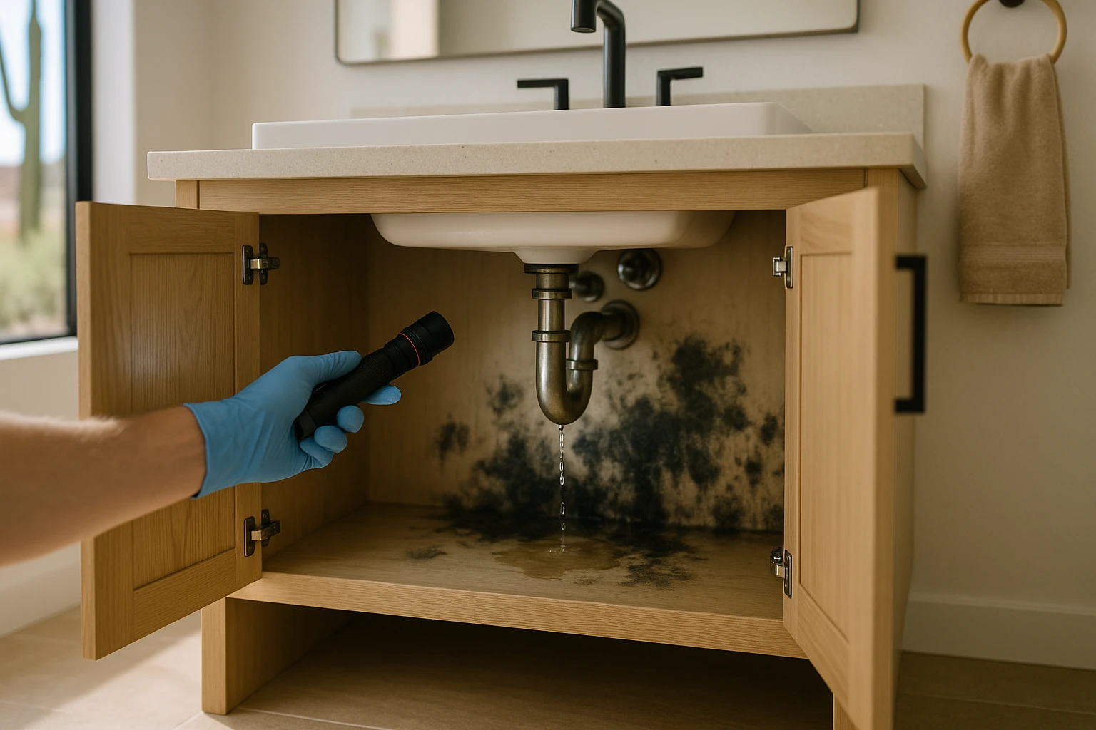 Mold growth under a bathroom vanity from a slow plumbing leak in an El Paso home