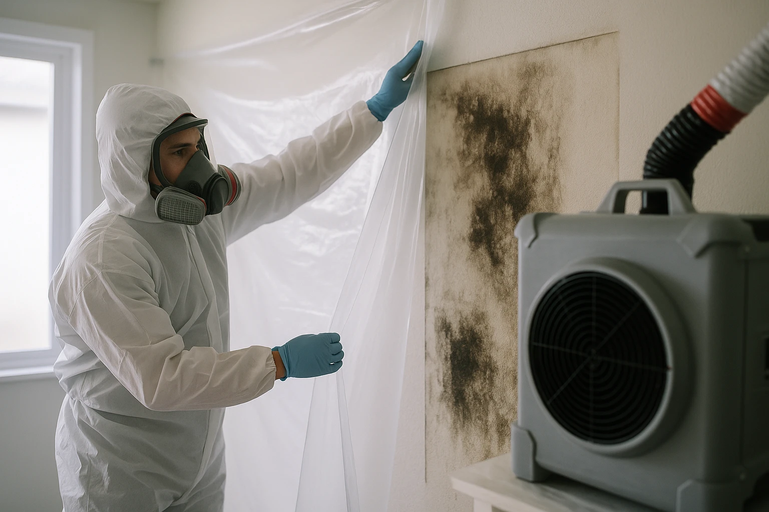 Containment sheeting and a negative-air machine set up around a wall during black mold removal