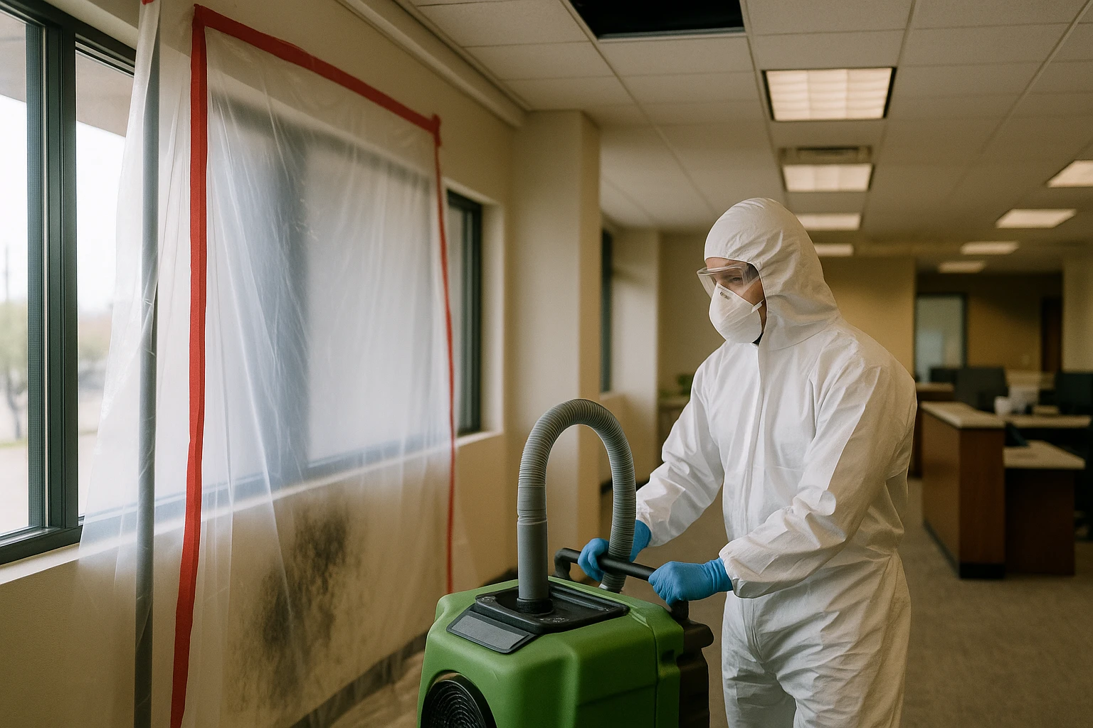 Commercial mold remediation crew working in an El Paso office building after hours