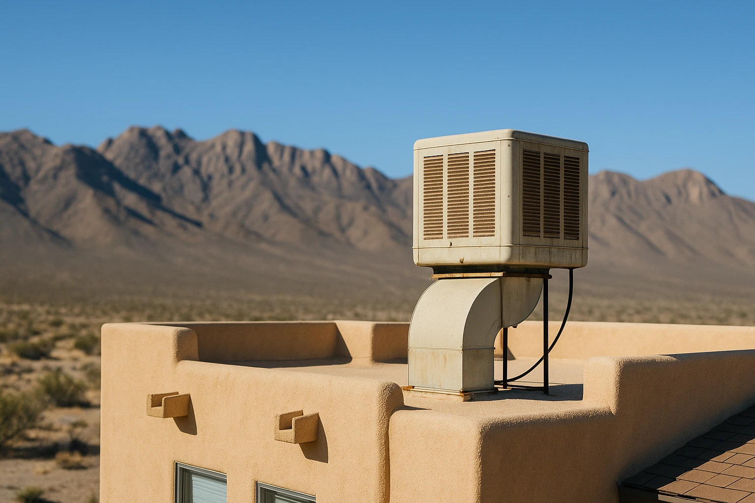 A swamp cooler on the roof of an El Paso home against the Franklin Mountains and a dry desert sky