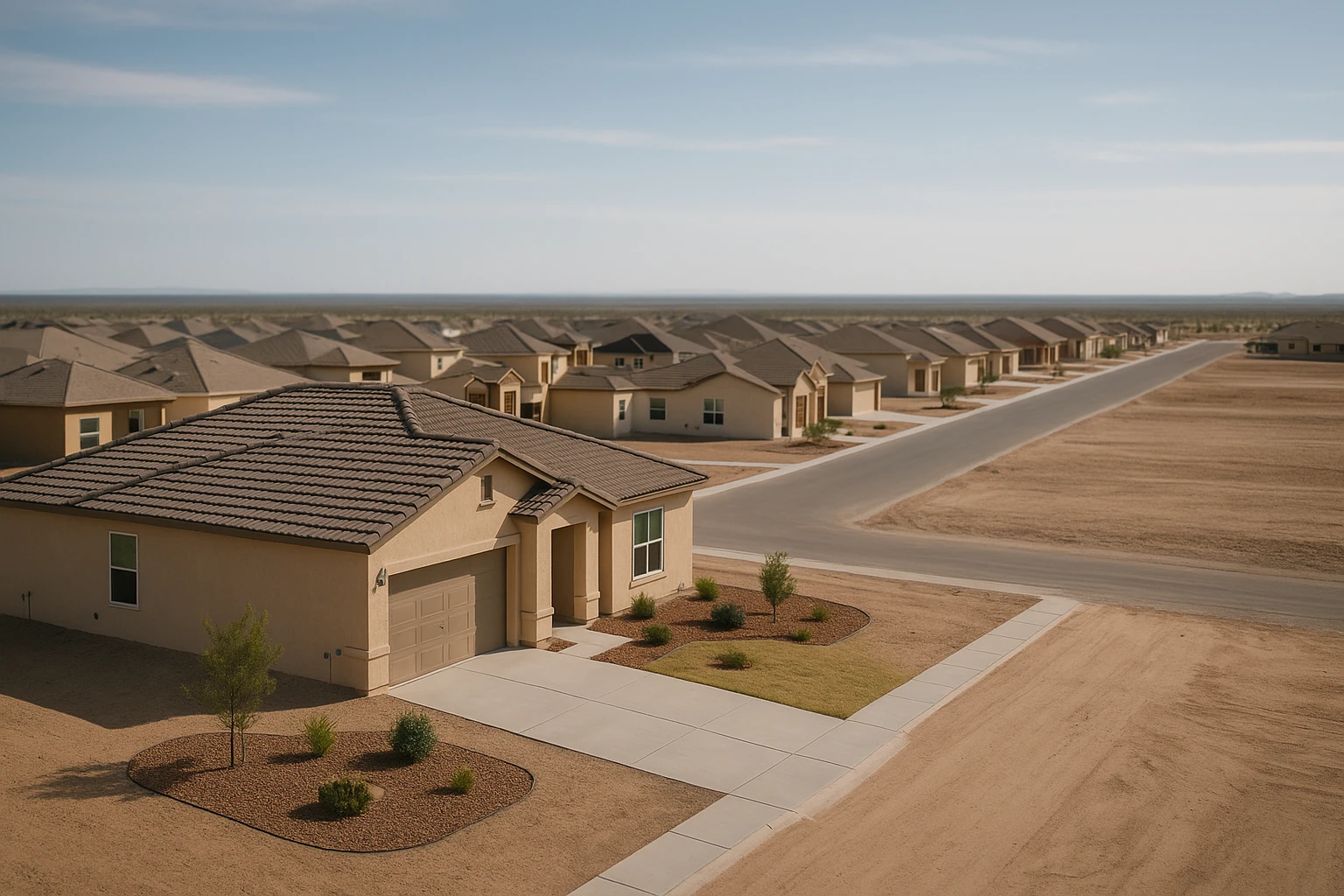 New slab-on-grade homes under desert sky in Horizon City near El Paso