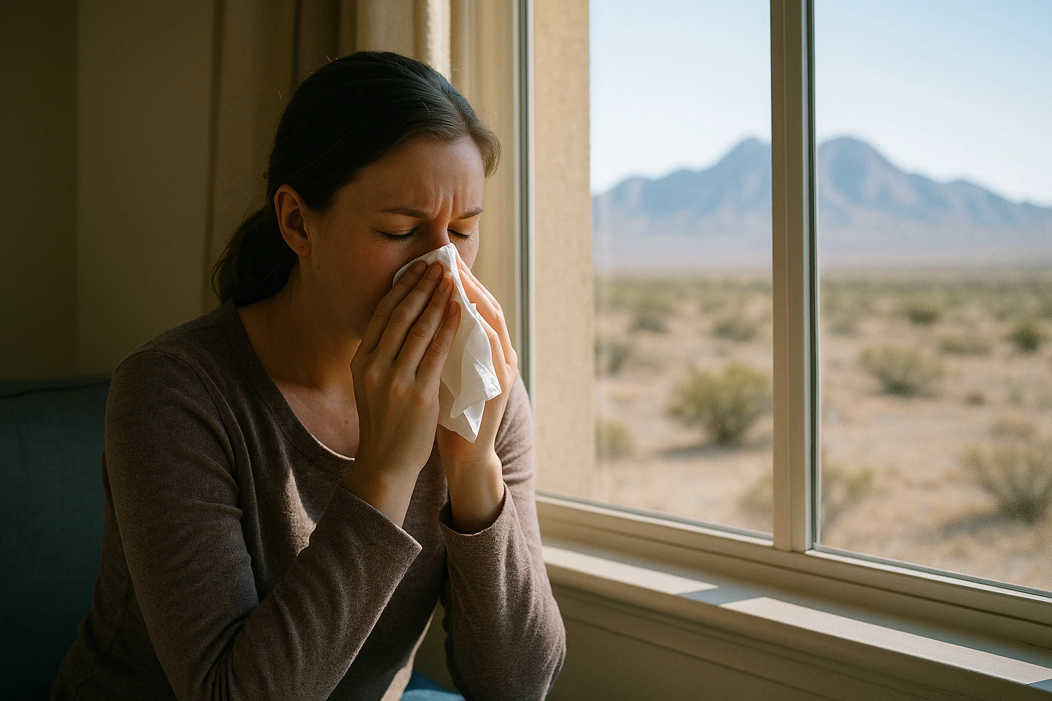 Person at home holding a tissue near a window with the El Paso desert landscape visible outside