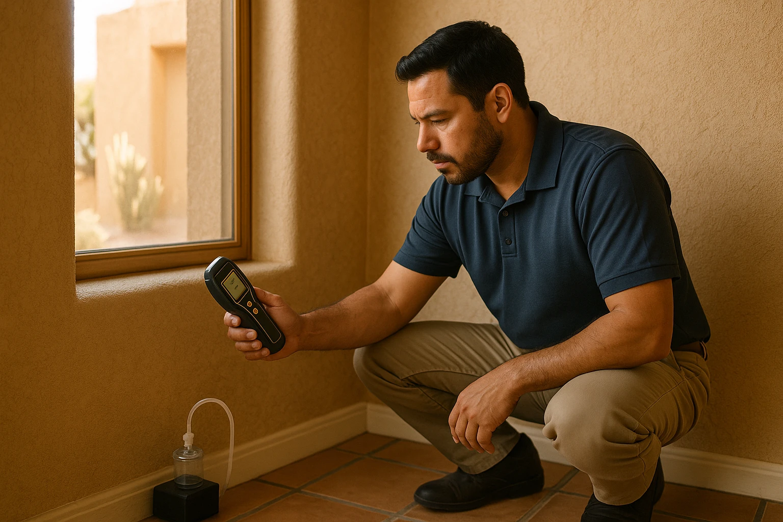 A mold inspector using a moisture meter on a baseboard in an El Paso home