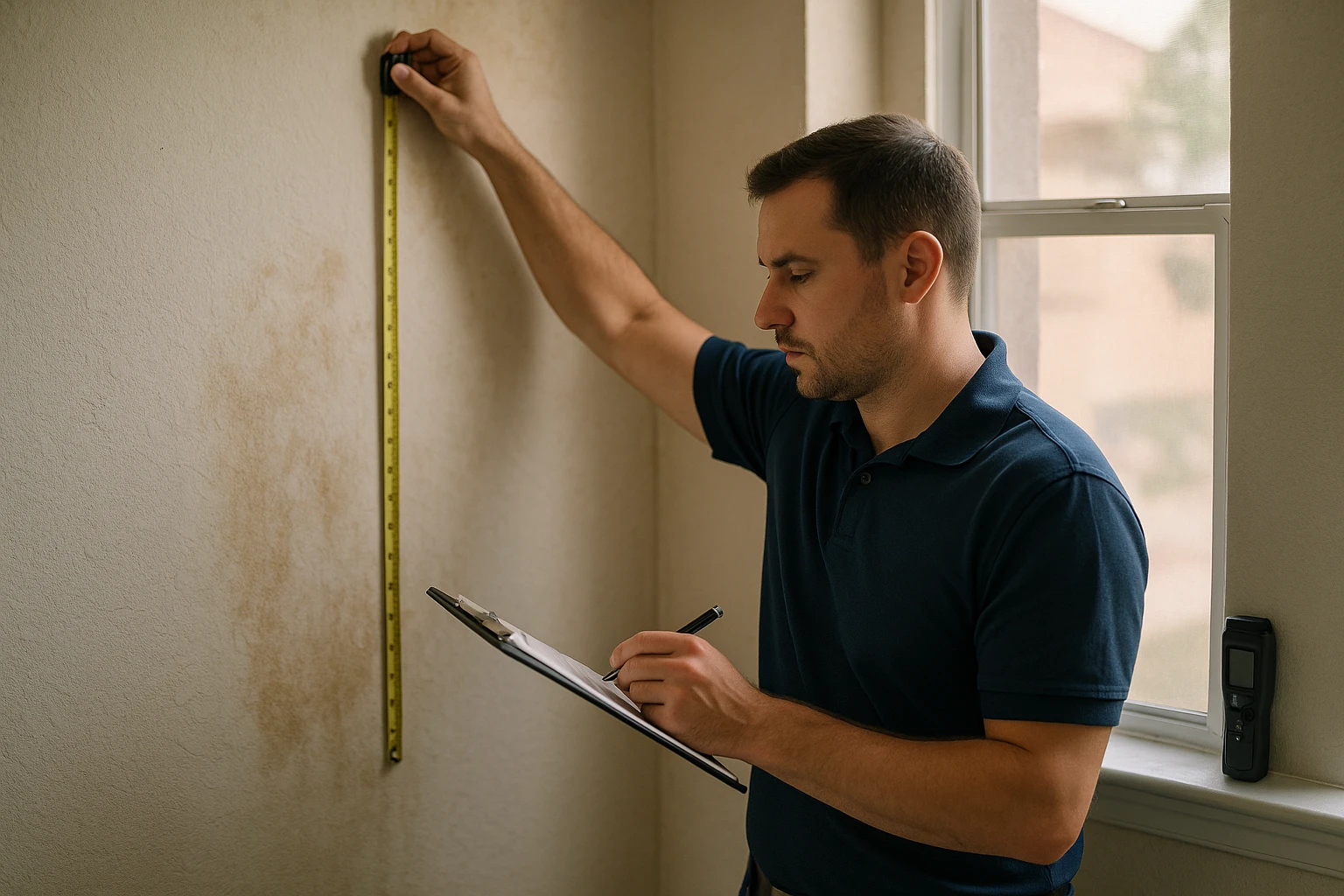 A remediation estimator measuring a moisture-stained wall with a notepad and meter in an El Paso home