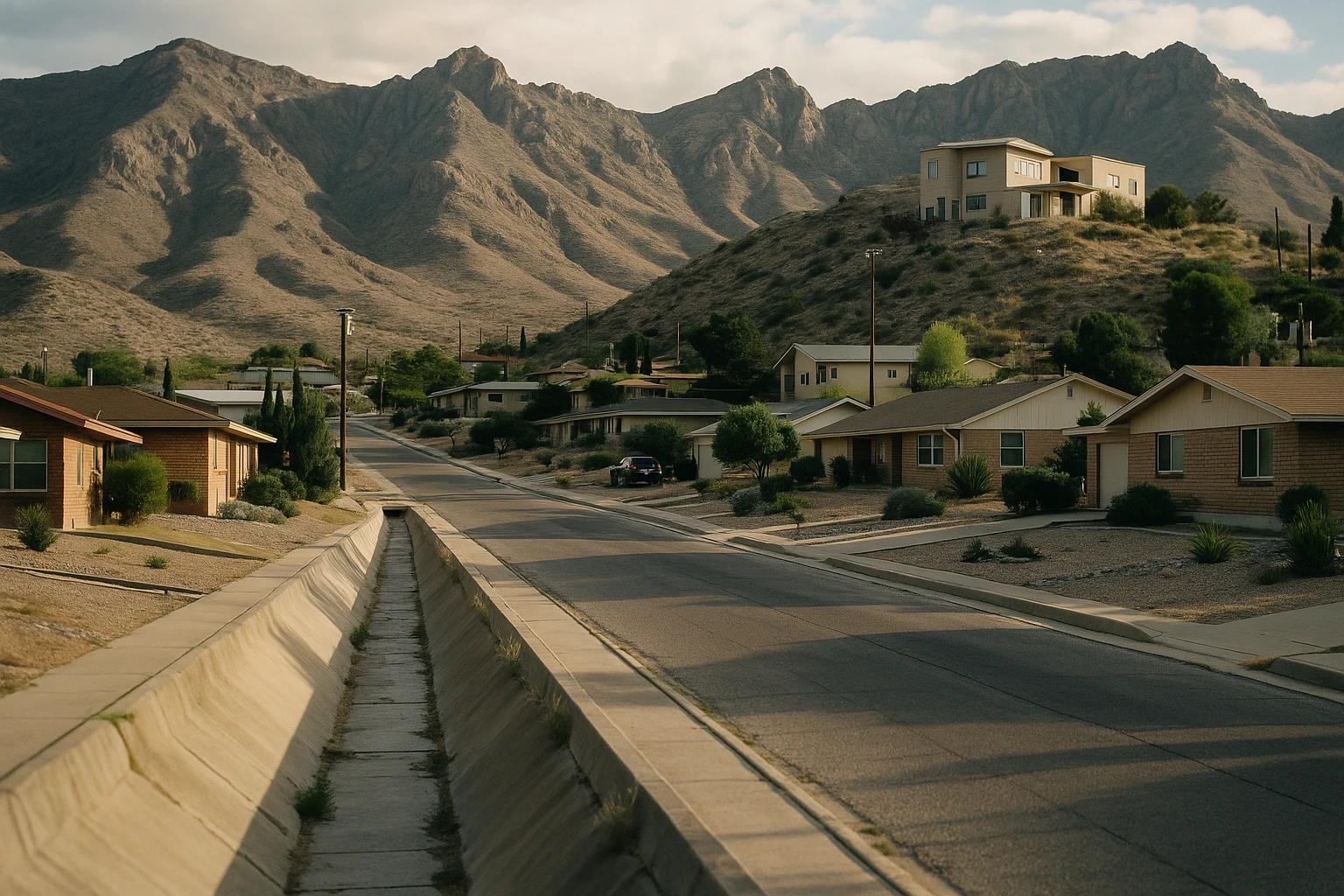 Northeast El Paso neighborhood at the base of the Franklin Mountains under storm clouds