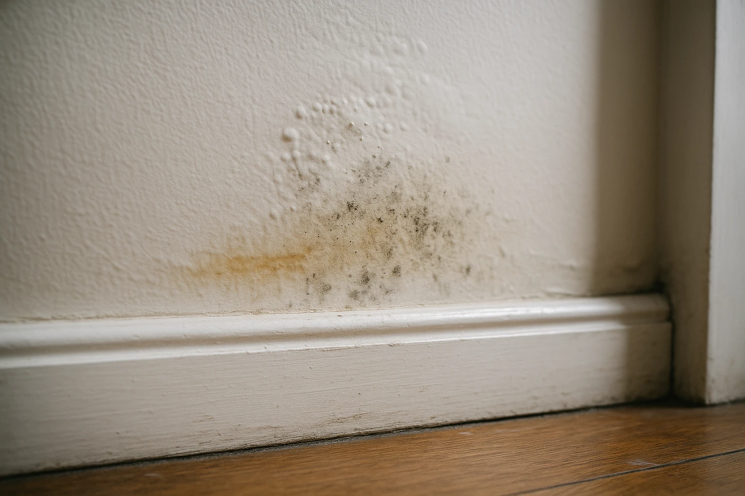 Close-up of a water stain and faint mold spotting at the base of an interior wall in an El Paso home