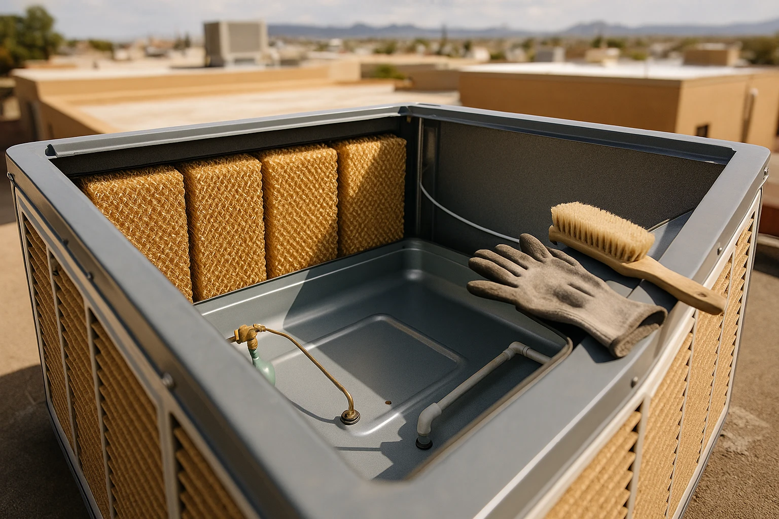Open evaporative cooler showing wet pads, water pan and float valve being serviced on an El Paso rooftop