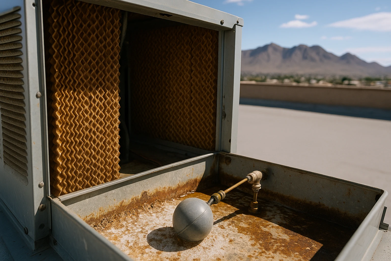 Rooftop evaporative swamp cooler unit on an El Paso home against the Franklin Mountains