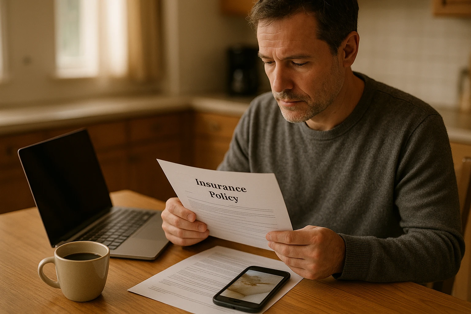 Homeowner reviewing an insurance policy document at a kitchen table with a laptop and a water-damage photo
