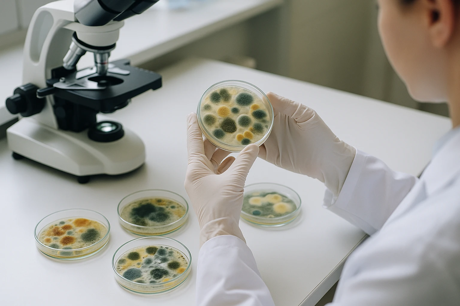 Lab technician examining mold sample petri dishes under good lighting in a testing setting