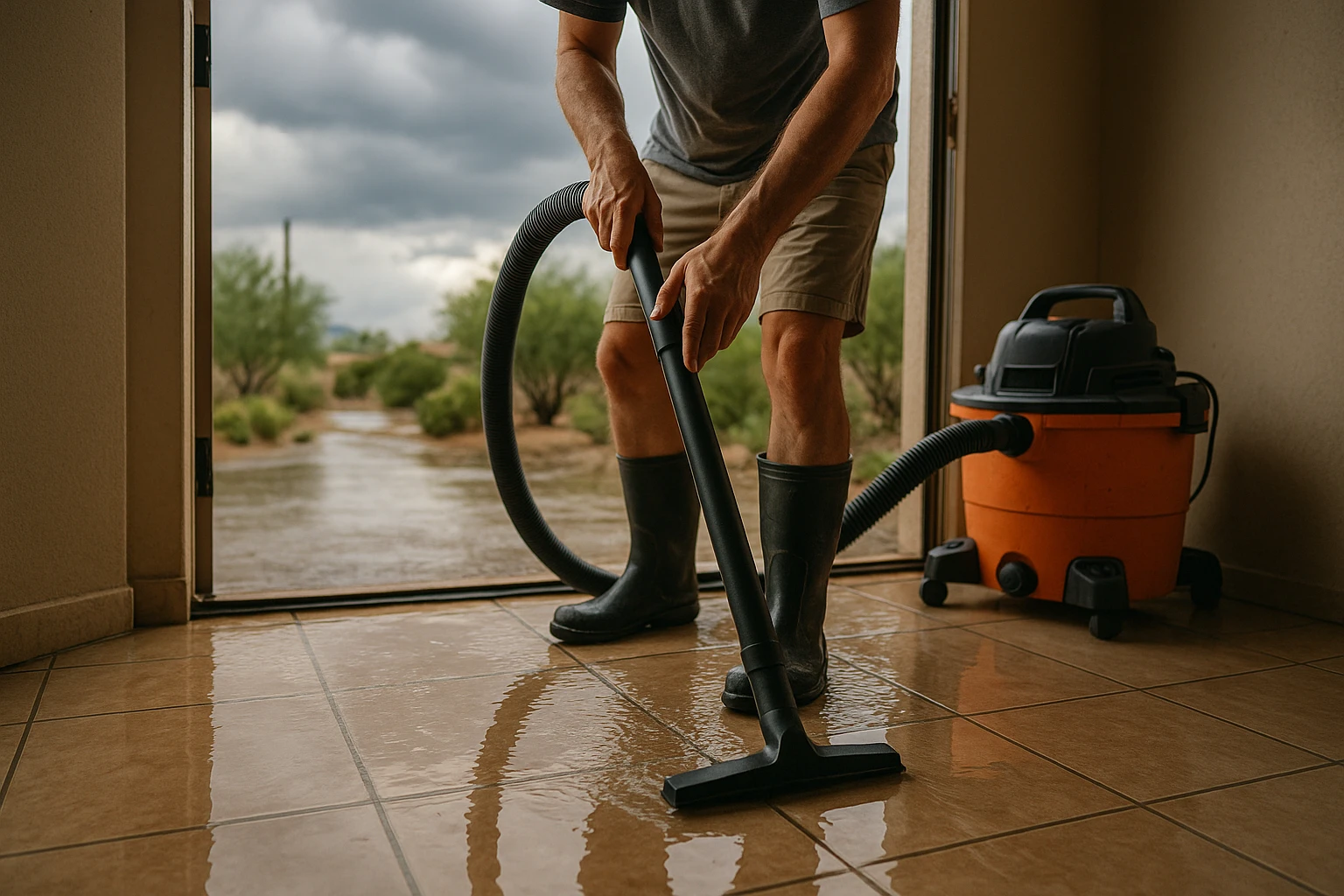 Homeowner using a wet/dry vacuum on a flooded tiled floor after a monsoon storm in El Paso