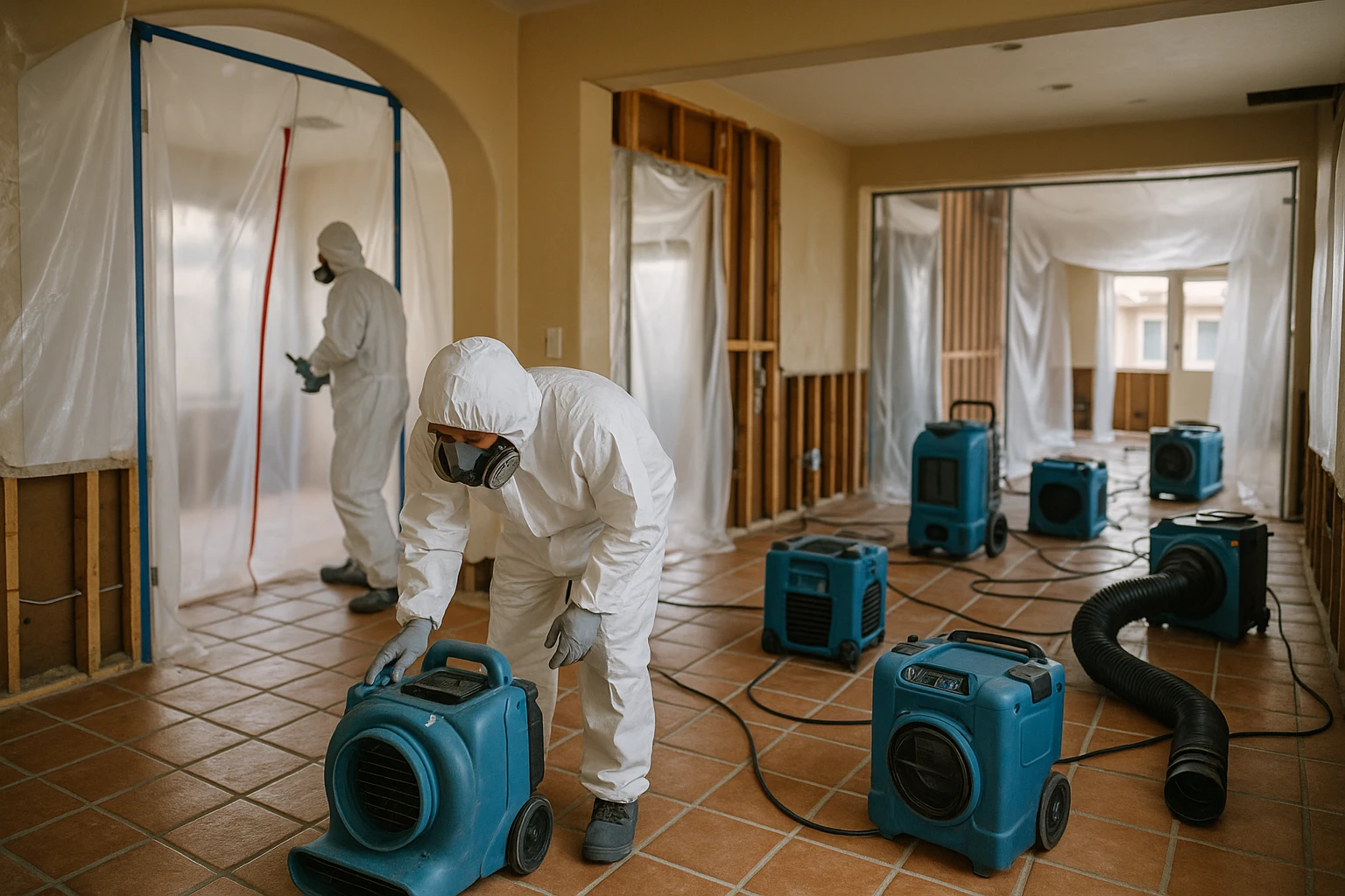 Whole-home mold remediation in progress with containment zones across multiple rooms